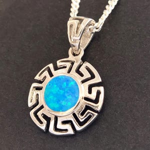 Sterling Silver 925 Greek Key Pendant with Blue Opal | 17mm Infinity Design | Made in Greece | Hallmarked Jewelry | Free Shipping