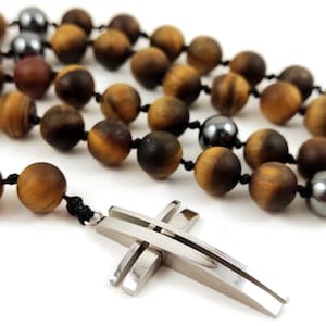 Greek Cross Necklace, Natural Matt Tiger Eye Stones 4mm, Mens Womens Cross, Stainless Steel Cross, Griechischer Kreuz Kette, Grece Croix