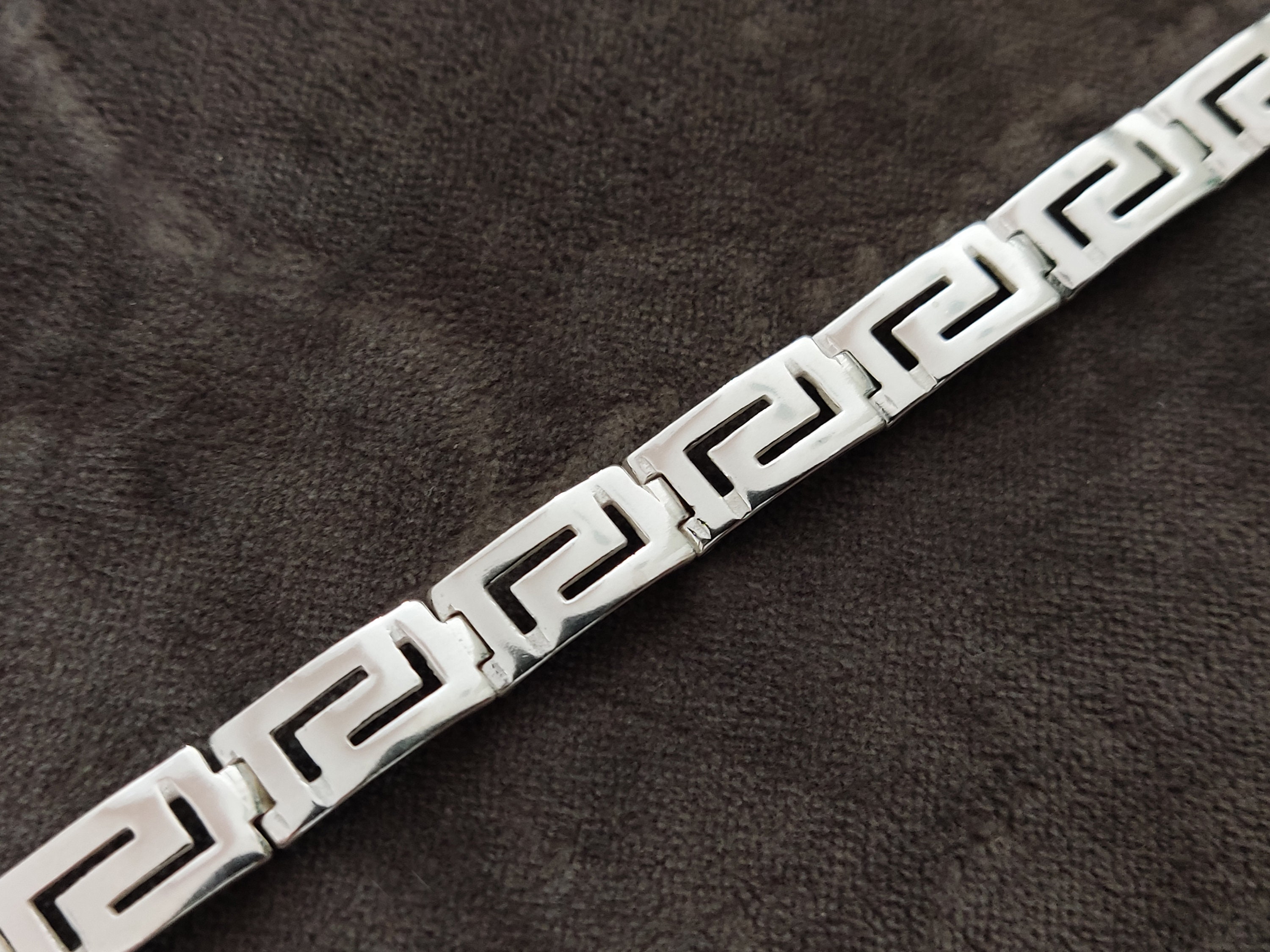 Men's Stainless Steel Greek Key Bangle Bracelet – 7 Inch – 10mm Wide – CZ Iced Silver
