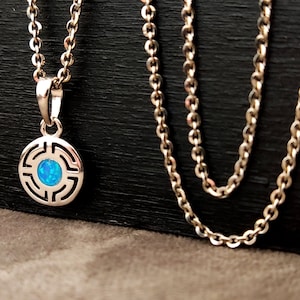 Sterling Silver 925 Greek Key Blue Opal Necklace Chain Round Pendant 10mm, Griechischer Silber Schmuck Anhanger, Bijoux Grecque Grece