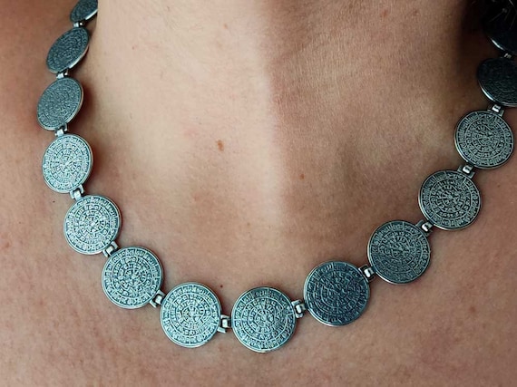 Phaistos Disc Greek Silver Necklace 16mm, Jewelry From Greece, Minoan Festos Disk Crete, Griechisches Silber Kette Kreta, Collier Grecque