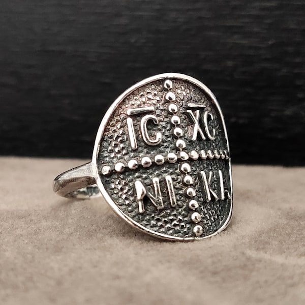 Sterling Silver 925 Handmade Byzantine Greek Gold Plated Cross Ring 19mm, Coin IC-XC-NIKA Konstantinato, Good Luck Charm Greek, Men Women