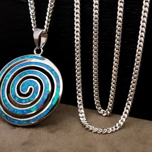 Sterling Silver 925 Greek Spiral Blue Opal Necklace Chain Round Pendant 25mm, Griechischer Silber Schmuck Anhanger, Bijoux Grecque Grece