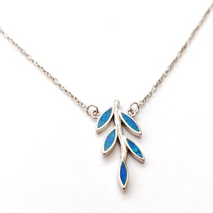 Greek Olive Leaves Blue Opal Silver 925 Necklace, Leaf Pendant Chain Necklaces, Jewelry From Greece, Griechischer Silber Kette Schmuck