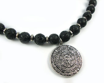 Bracciale Uomo In Pietra Lavica Nera Con Motivo Greco, Perle 8mm, Gioiello Energetico Per Ancoraggio E Stile, Regalo Compleanno Uomo