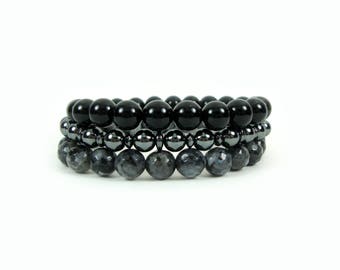 Accatastamento Bracciale triplo imposta Onyx - Hematite - Larvikite, Stack, uomini donne bracciale, bracciali Unisex, pietra Set bracciali,