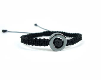 Handmade Macrame Black Cord Bracelet Natural Round Hematite & Lava , Macrame Stone Bracelet, Modern Fine Bracelet