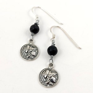 Sterling Silver 925 Ancient Greek Goddess Athena Coin Earrings 13mm  Volcanic Lava 6mm, Griechische Silber Ohrringe Eule, Owl Earrings