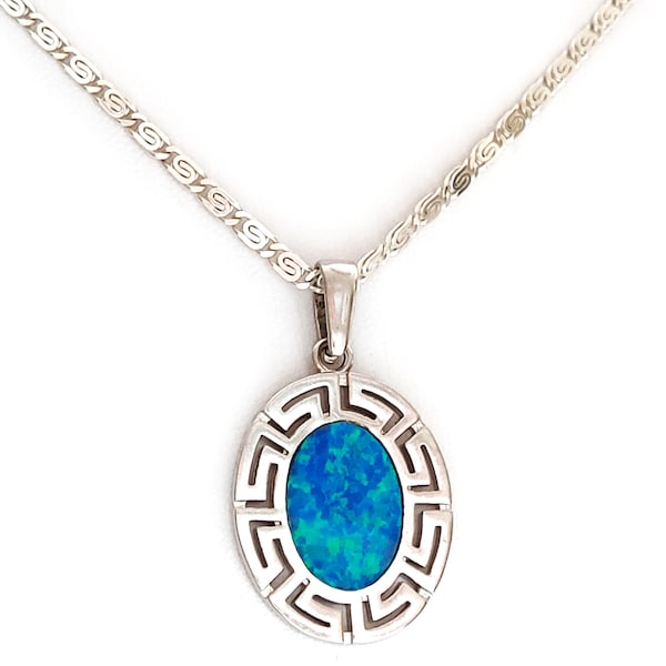 Greek Silver Blue Opal Oval Pendant 23x20mm Chain Necklace, Jewelry From Greece, Griechischer Silber Anhanger Blau Opal Schmuck, Grecque