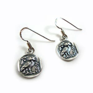 Sterling Silver 925 Ancient Greek Goddess Athena&#39;s Wise Owl Earrings 13mm, Griechische Silber Ohrringe Eule, Owl Earrings, Coin Earrings