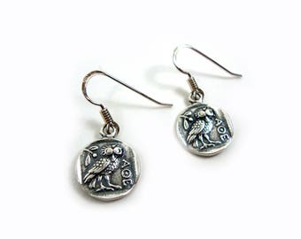 Sterling Silver Athena Owl Earrings, Greek Coin Dangle Earrings