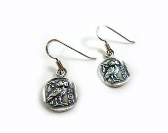 Sterling Silver 925 Ancient Greek Goddess Athena's Wise Owl Earrings 13mm, Griechische Silber Ohrringe Eule, Owl Earrings, Coin Earrings