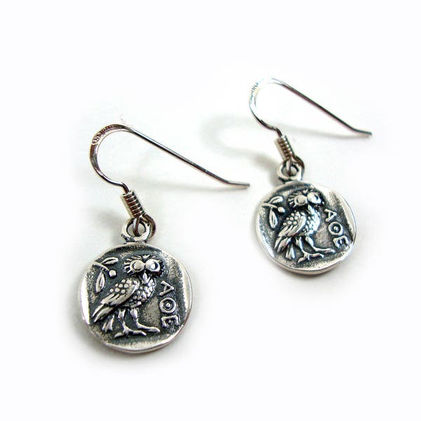 Sterling Silver 925 Ancient Greek Goddess Athena's Wise Owl Earrings 13mm, Griechische Silber Ohrringe Eule, Owl Earrings, Coin Earrings