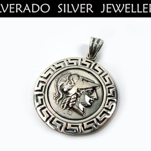 Sterling Silver 925 Ancient Greek Goddess Athena Solid Round Pendant 29 mm Greek Eternity Key , Greek Pendant , Greek Coin , Greek Jewelry