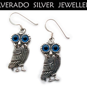 Sterling Silver 925 Ancient Greek Goddess Athena&#39;s Owl Dangle Earrings ,Griechische Ohrringe Eule, Boucles d&#39;oreilles Hibou Bijoux Grecque