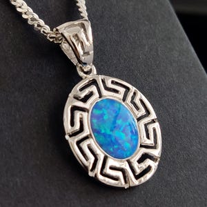 Greek Key Blue Opal Oval Shape Silver Pendant Chain Necklace 18x16mm, Jewelry Greece, Griechisches Silber Kette Anhanger Schmuck