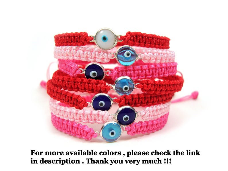 May include: A stack of red and pink string bracelets with blue and white evil eye charms. For more available colors, please check the link in description. Thank you very much!!!