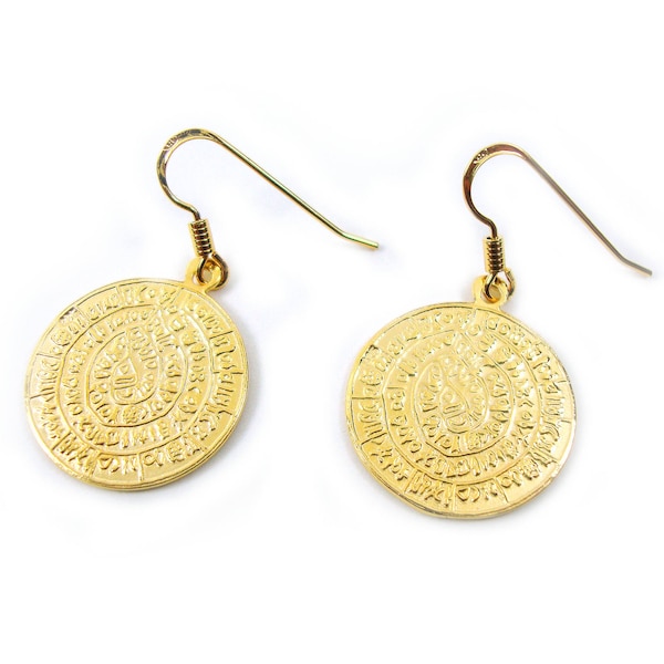 Sterling Silver 925  Minoan Phaistos Disc Gold Plated 22K Earrings 19mm, Greek Jewelry, Griechisches Ohringe Schmuck, Bijoux Grec Argent