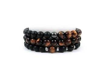 Accatastamento Bracciale triplo Set Tiger Eye - Matt Onyx - ematite, Stack, uomini donne bracciale, bracciali Unisex, impostare Stack bracciali,