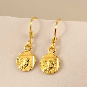 Sterling Silver 925 Ancient Greek Goddess Athena&#39;s Wise Owl Gold Plated Small Earrings 10mm, Griechische Silber Ohrringe Eule, Owl Coin