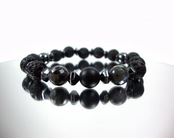 Lava Bracelet ,FREE SHIPPING  Natural Black Volcanic Lava 8mm - Larvikite 8mm - Hematite - Unique Design Handmade Greek Men Women