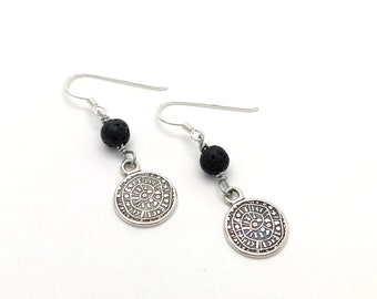 Sterling Silver 925 Dangle Earrings Ancient Greek Minoan Phaistos Disc 14mm & Volcanic Lava 6mm, Griechische Silber Ohrringe, Bijoux Grecque