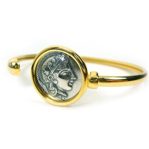 Sterling Silver 925 Ancient Greek Goddess Athena Greek Tetradrachm Coin Gold Plated Bangle Bracelet, Griechisches Armreif, Greek Bracelet