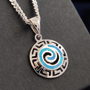 Greek Meander Spiral Blue Opal Silver Pendant Chain Necklace 15mm, Jewelry Greece, Griechisches Silber Blau Kette Anhanger Schmuck