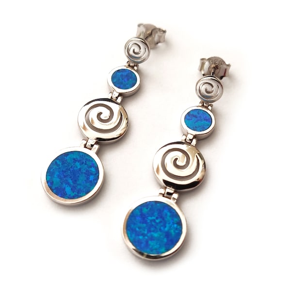 Greek Spiral Blue Opal Stones Long Dangle Silver Earrings, Jewelry From Greece, Griechischer Silber Schmuck Ohrringe, Bijoux Grecque, Swirl