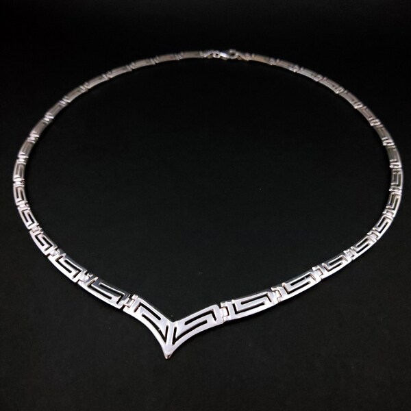 Sterling Silver 925 Ancient Greek Eternity Key Meander Modern V Necklace, Griechischer Silber Kette Schmuck, BIjoux Grecque Collier, Greece
