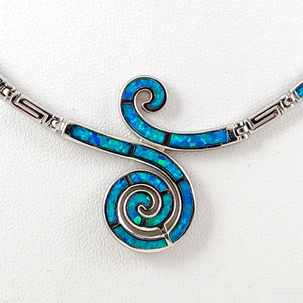 Greek Silver Opal Spiral Necklace, Jewelry From Greece, Griechischer Blau Opal Kette Schmuck, Bijoux Collier Grecque Grece, Opal Stones