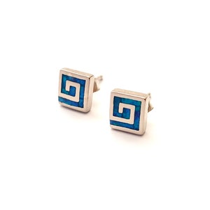 Greek Opal Earrings, Square Earrings, Small Earrings 6mm, Sterling Silver 925, Greek Key Opal Jewelry, Greek Jewelry, Round Earrings