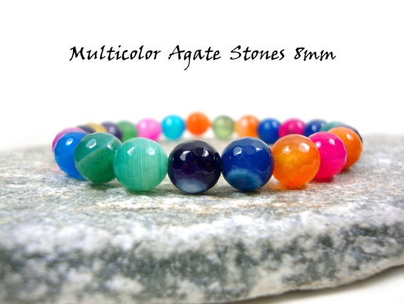 Natural Multicolor Agate Stones 8mm Bracelet Red Green Blue