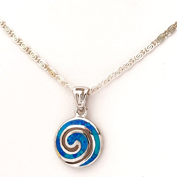 Greek Spiral Blue Opal Silver Pendant Infinity Chain Necklace 15mm, Jewelry Greece, Griechisches Silber Blau Opal Kette Anhanger Schmuck