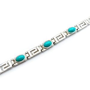 Greek Key Silver Bracelet, Turquoise Blue Stones Jewelry, Griechischer Silber Schmuck Armband, Bijoux De Grece, Meander Bracelets Greece