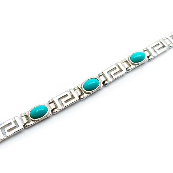 Greek Key Silver Bracelet, Turquoise Blue Stones Jewelry, Griechischer Silber Schmuck Armband, Bijoux De Grece, Meander Bracelets Greece