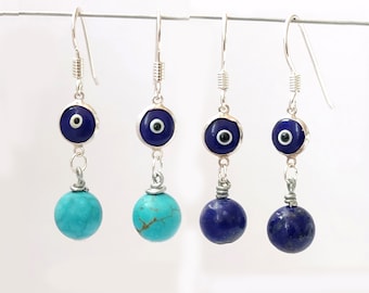 Sterling Silber 925 Evil Eye Nazar Naturstein Ohrringe, Türkis, Lapis, Jewelry From Griechenland, Blau Auge Silber Ohrringe