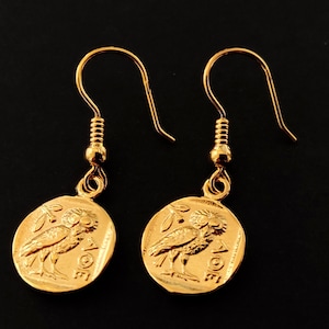 Sterling Silver 925 Ancient Greek Goddess Athena&#39;s Wise Owl Gold Plated Earrings 13mm, Griechische Silber Ohrringe Eule, Owl Coin Earrings
