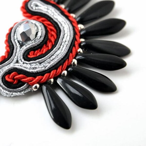 Black spiky necklace tribal necklace gothic necklace evening necklace soutache necklace handmade- black,red,silver,grey