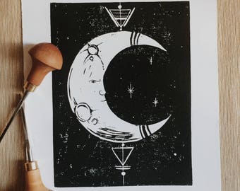Lunar Block Print - Moon Art | Moon Wall Art | Moon Art Print | Lunar Art Print | Handmade Moon | Art | Moon Print | Lunar Print