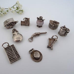 Vintage Silber Charms Öffnung Fischkorb Spanische Castanets Nuvo Öffnung Wohnwagen Abacus Kirche Irische Harfe Bierkrug Pistole Kessel