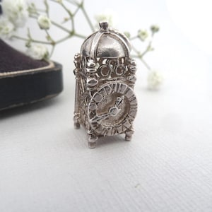 Vintage Sterling Silver Carriage Clock Charm – Ornate Mantel Clock Design Roman Numerals – Solid Silver Charm Pendant  1970s Collectors Gift