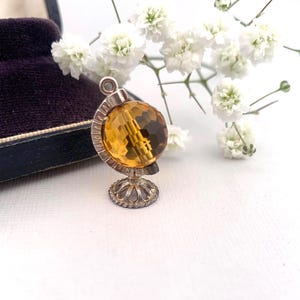 Vintage Sterling Silver Rotating Globe Charm  Chim 925 Earth Pendant with Amber-Coloured Glass Travel Gift or Explorer Jewellery