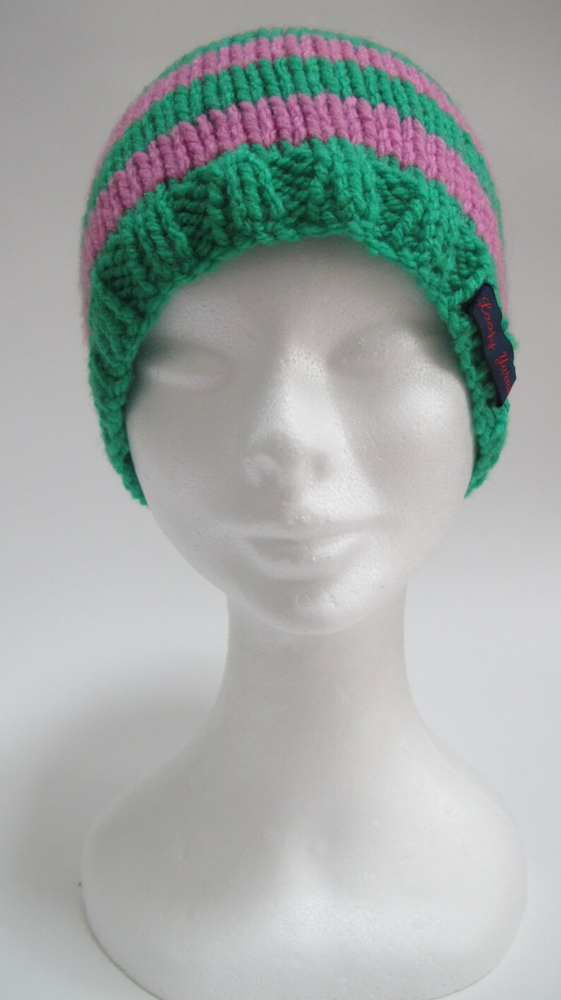 Pink and Green Handknit Beanie Hat Stripy Hat Pink and Green Etsy