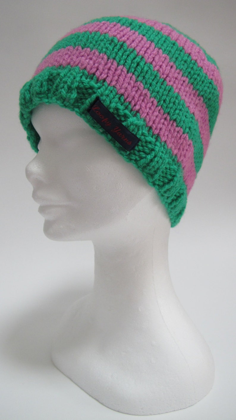 Pink and Green Handknit Beanie Hat stripy hat pink and green Etsy
