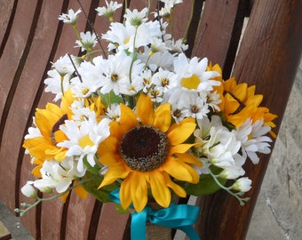 Sunflower and Daisy Silk Bridal Bouquet / Country Wedding / Rustic Wedding / Silk Wedding Flowers / Teal and Sunflowers / Sunflower Wedding