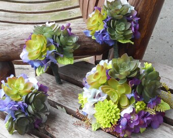 Wedding Cake Topper and Three Layers / Purple and Green Silk Flowers and Succulents / Rustic Wedding / Country Wedding / Wedding Decor