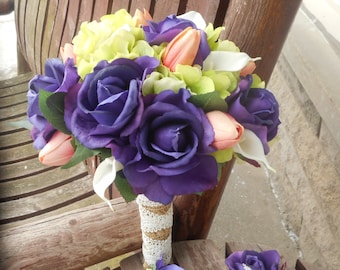 Real Touch Purple Rose / White Calla Lily / Pink Tulip Bridal Bouquet / Grooms Boutonniere / Country Wedding Bouquet / Silk Bridal Bouquets