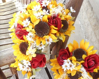 Ramo de novia seda girasol en cascada con rosas de tacto Real / girasol de la boda / otoño boda / país boda ramo de boda / rústica