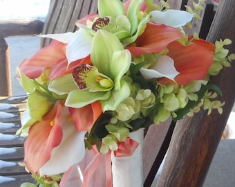 Playa Coral tacto verdadero lirio en cascada playa ramo de boda / ramo de Novia de seda de seda de la boda flores / Tropical de Calla Lily flores